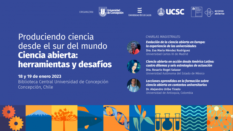 Afiche que muestra con letras blancas sobre el fondo azul los nombres de los expositores del seminario "Produciendo Ciencia desde el Sur del Mundo. Ciencia Abierta: Oportunidades y Desafíos"