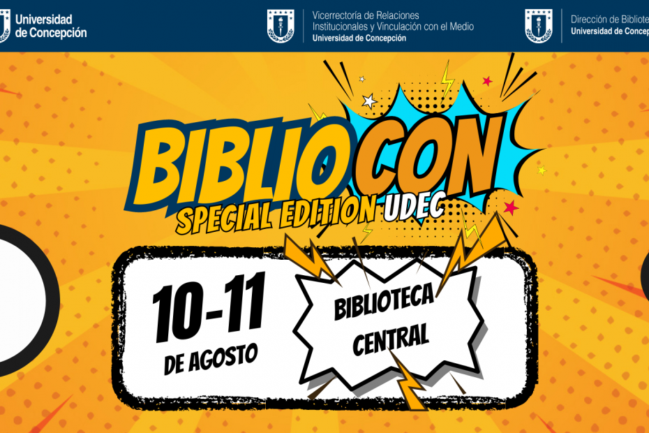 Afiche que llama a participar de la BiblioCon, encuentro a realizarse el 10 y 11 de agosto en el edificio Central de Bibliotecas UdeC