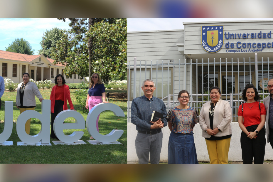 Imagen que muestra dos fotografías grupales del equipo de Bibliotecas UdeC, a la derecha se aprecia junto a autoridades del Campus Los Ángeles y a la izquierda con autoridades del Campus Chillán.