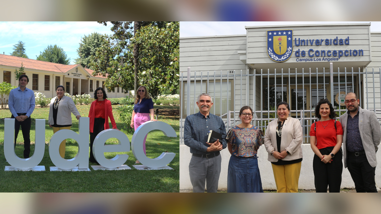 Imagen que muestra dos fotografías grupales del equipo de Bibliotecas UdeC, a la derecha se aprecia junto a autoridades del Campus Los Ángeles y a la izquierda con autoridades del Campus Chillán.