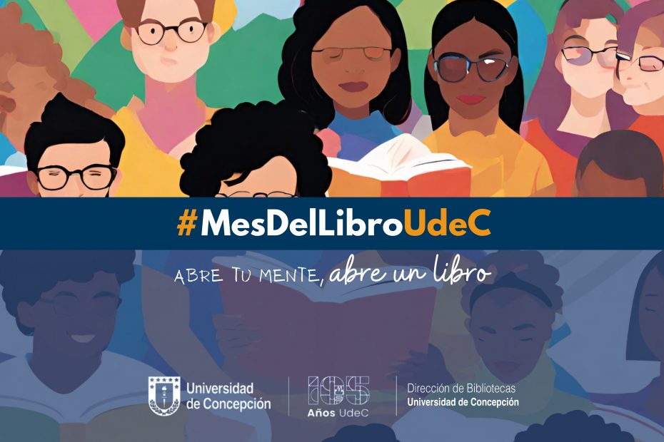 Imagen que muestra, sobre un fondo con ilustraciones que representan a estudiantes, letras que dicen Mes del Libro UdeC