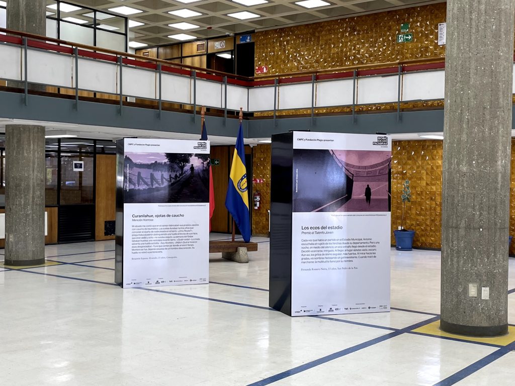 Panel con texto finalista de "Concepción en 100 Palabras" se exhibe en Hall de Biblioteca Central UdeC