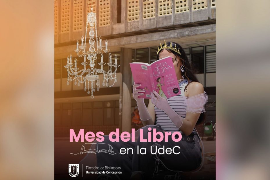 Afiche que promociona Mes del Libro, donde joven lee en escalinatas de Biblioteca Central UdeC