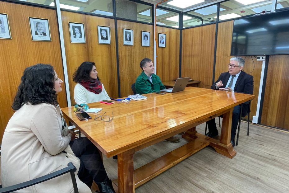 Equipo de Bibliotecas UdeC escucha a representante de Corcudec durante una reunión en Biblioteca Central UdeC