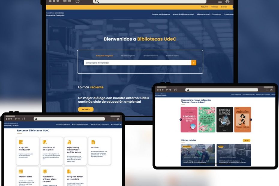 Grupo de capturas de pantalla que muestran distintas secciones de nuevo sitio web de Bibliotecas UdeC