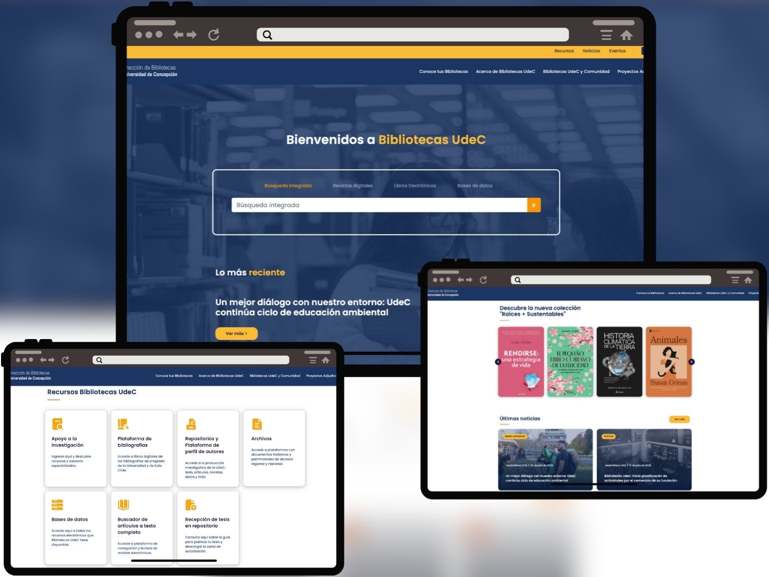 Grupo de capturas de pantalla que muestran distintas secciones de nuevo sitio web de Bibliotecas UdeC
