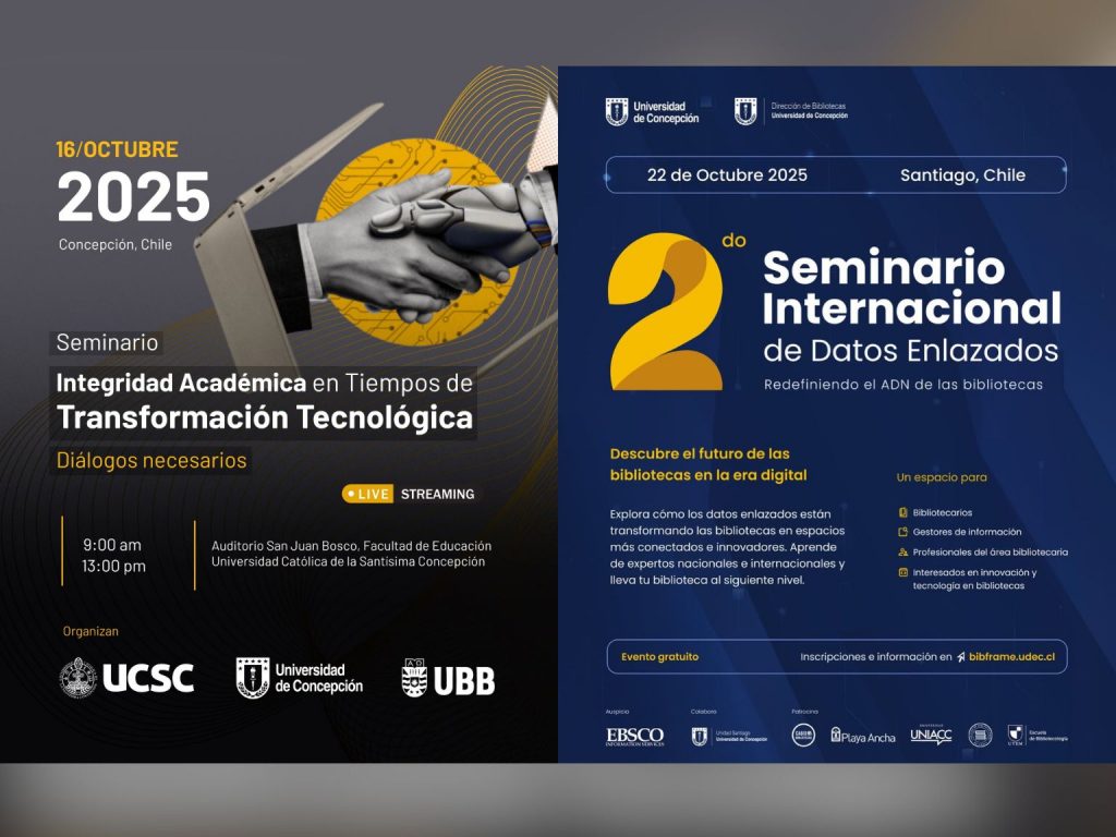 Afiches que invitan a participar de los seminarios donde estará presente la Dirección de Bibliotecas