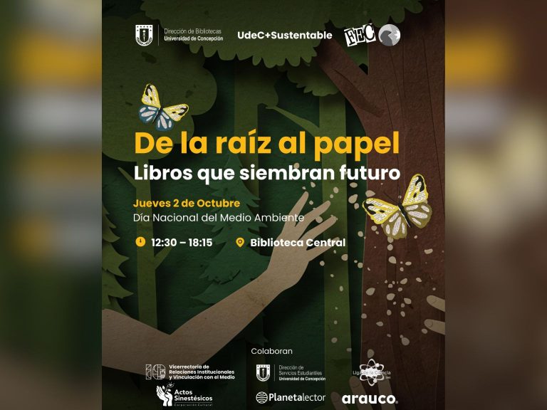 Afiche que invita a participar de feria "De la Raíz al Papel"