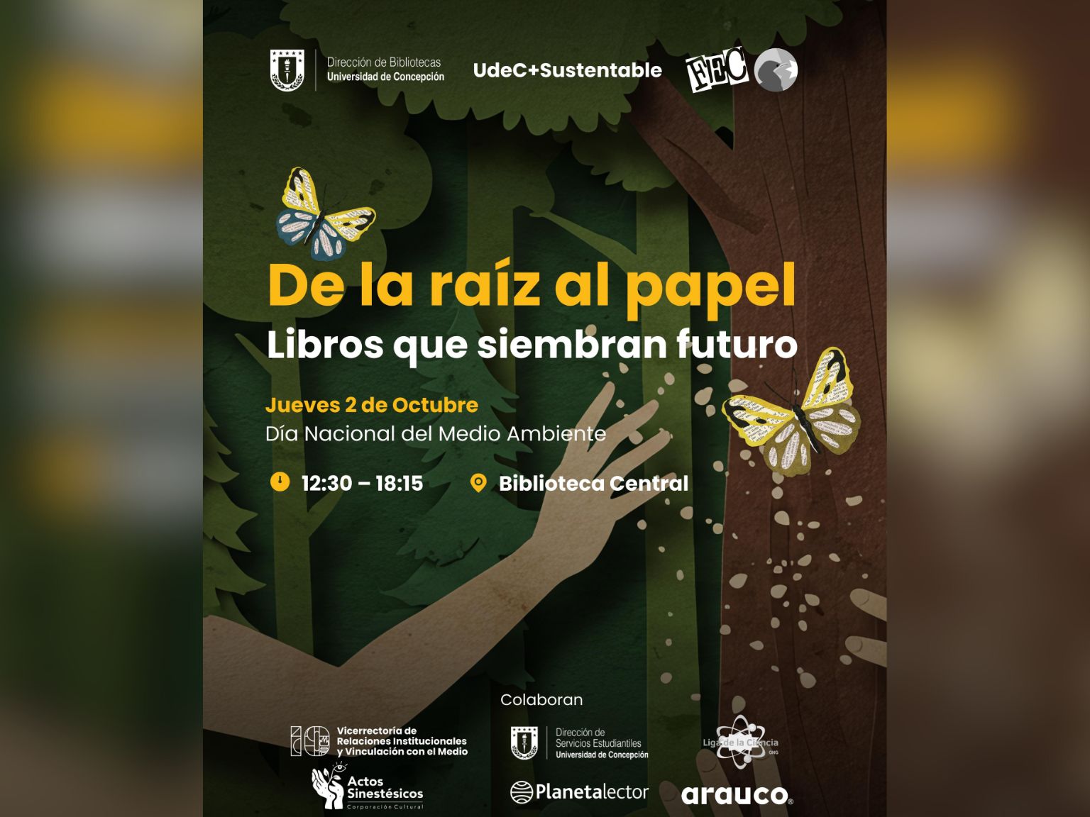 Afiche que invita a participar de feria "De la Raíz al Papel"