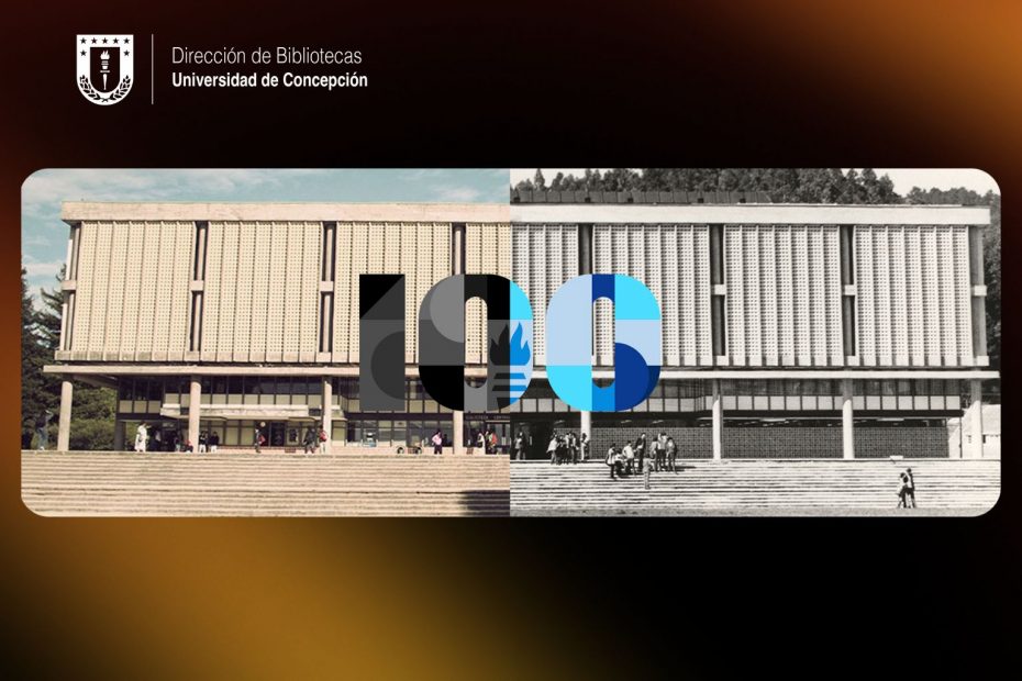 Ilustración que muestra portada de Biblioteca Central sobre la cual aparece logo institucional de 100 años de Bibliotecas UdeC