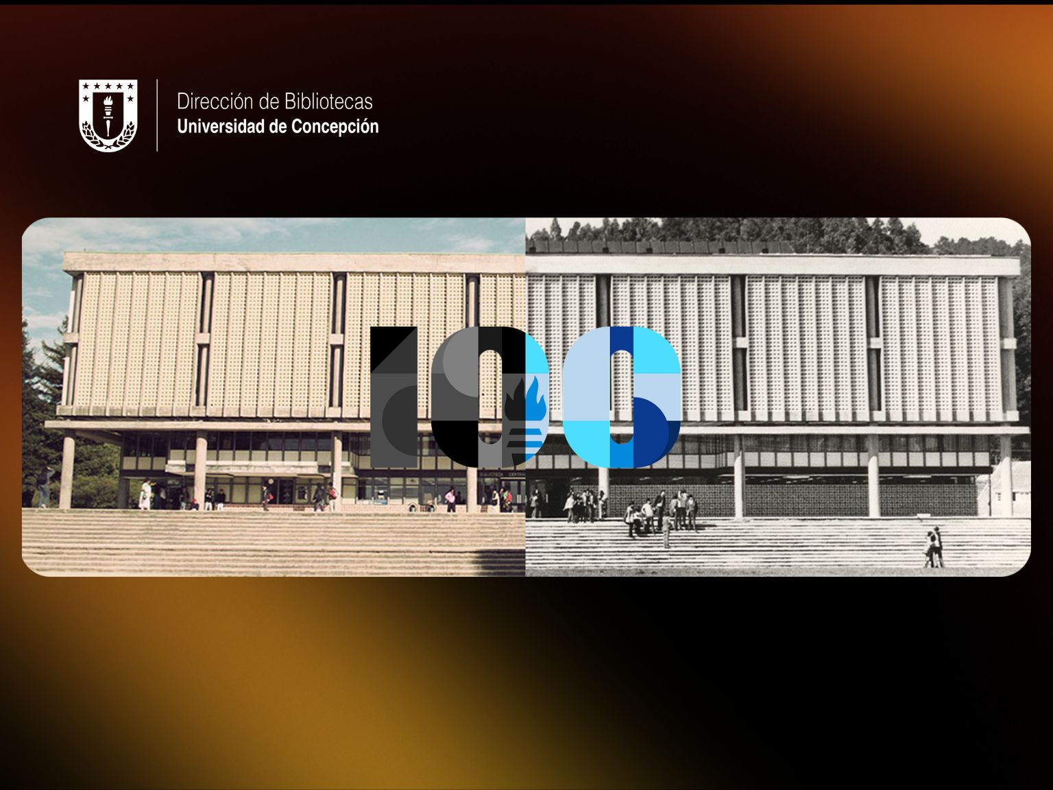 Ilustración que muestra portada de Biblioteca Central sobre la cual aparece logo institucional de 100 años de Bibliotecas UdeC