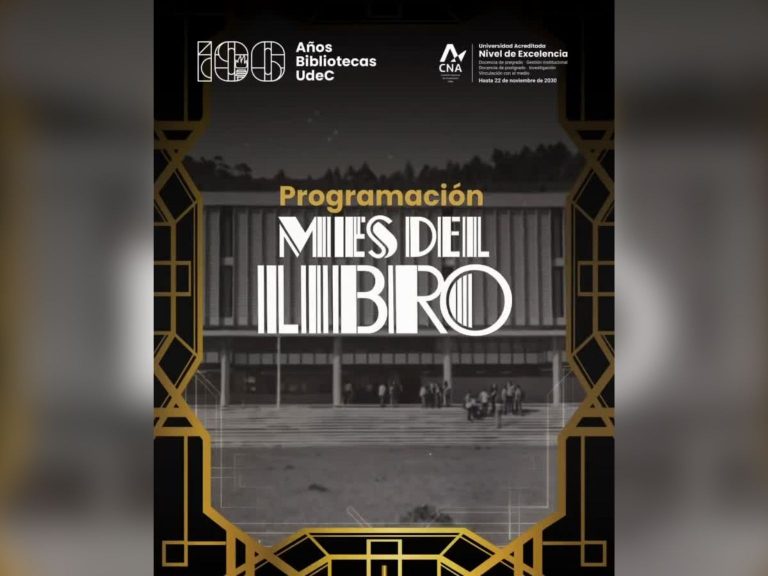 Imagen que muestra un letrero que dice Mes del Libro, de fondo se aprecia fotografía en blanco y negro de la Biblioteca Central.