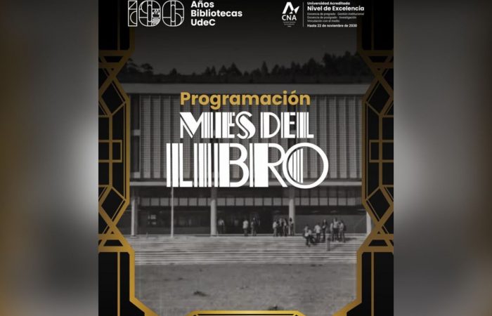 Imagen que muestra un letrero que dice Mes del Libro, de fondo se aprecia fotografía en blanco y negro de la Biblioteca Central.