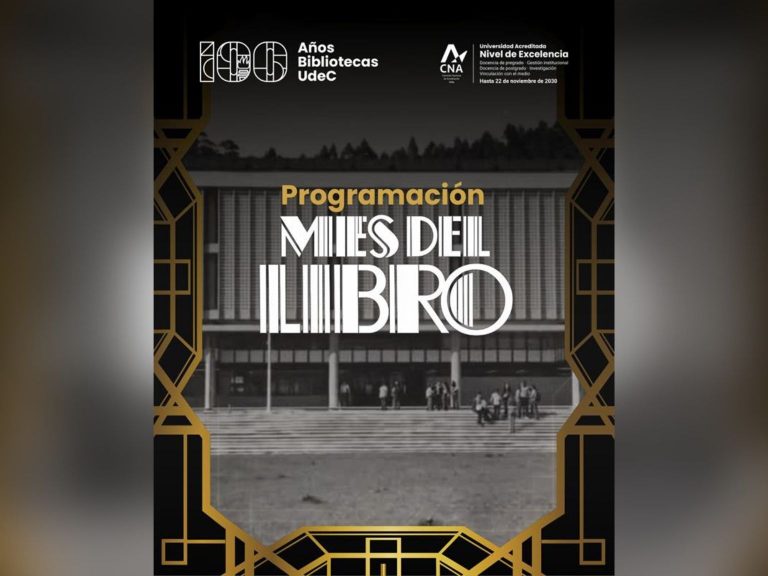 Imagen que muestra un letrero que dice Mes del Libro, de fondo se aprecia fotografía en blanco y negro de la Biblioteca Central.