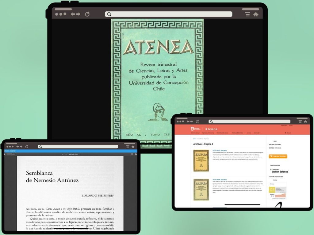 Capturas de pantalla que muestran distintas secciones de revista Atenea que se pueden consultar en línea